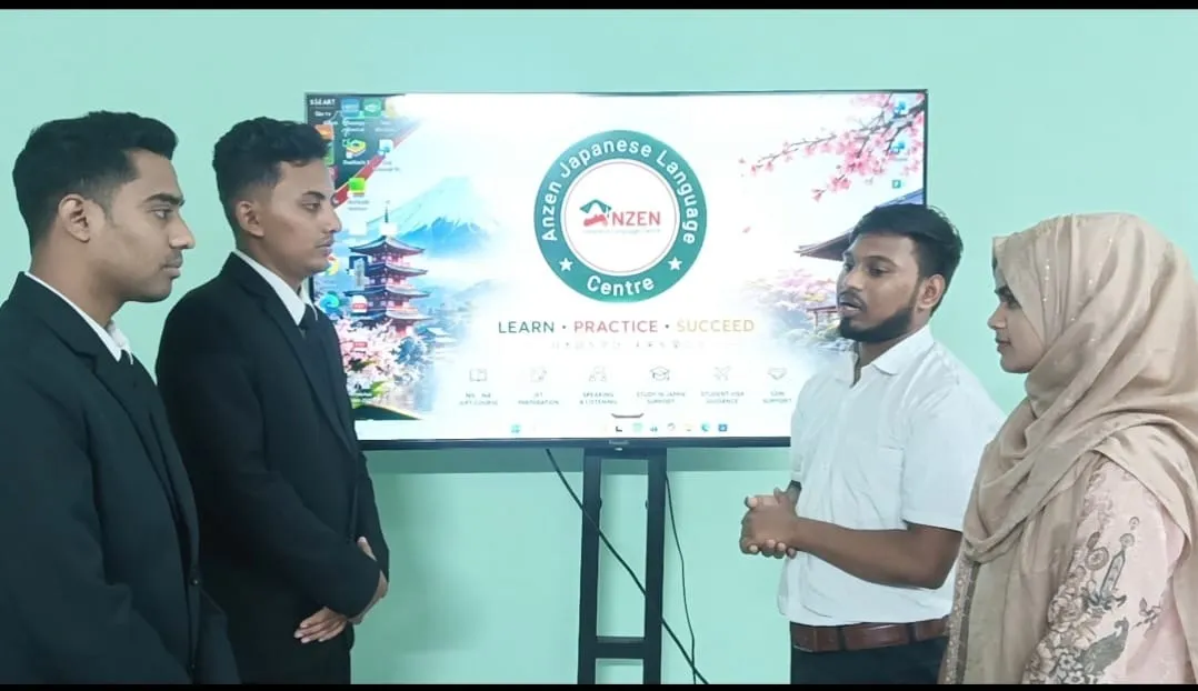 Two students selected for the Japanese Language Programme with teachers at Anzen Japanese Language Centre