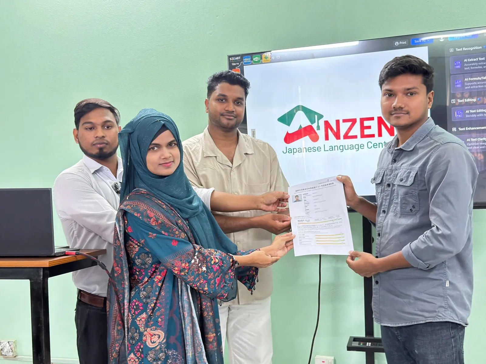 JFT A2 certificate distribution to successful students at Anzen Japanese Language Centre