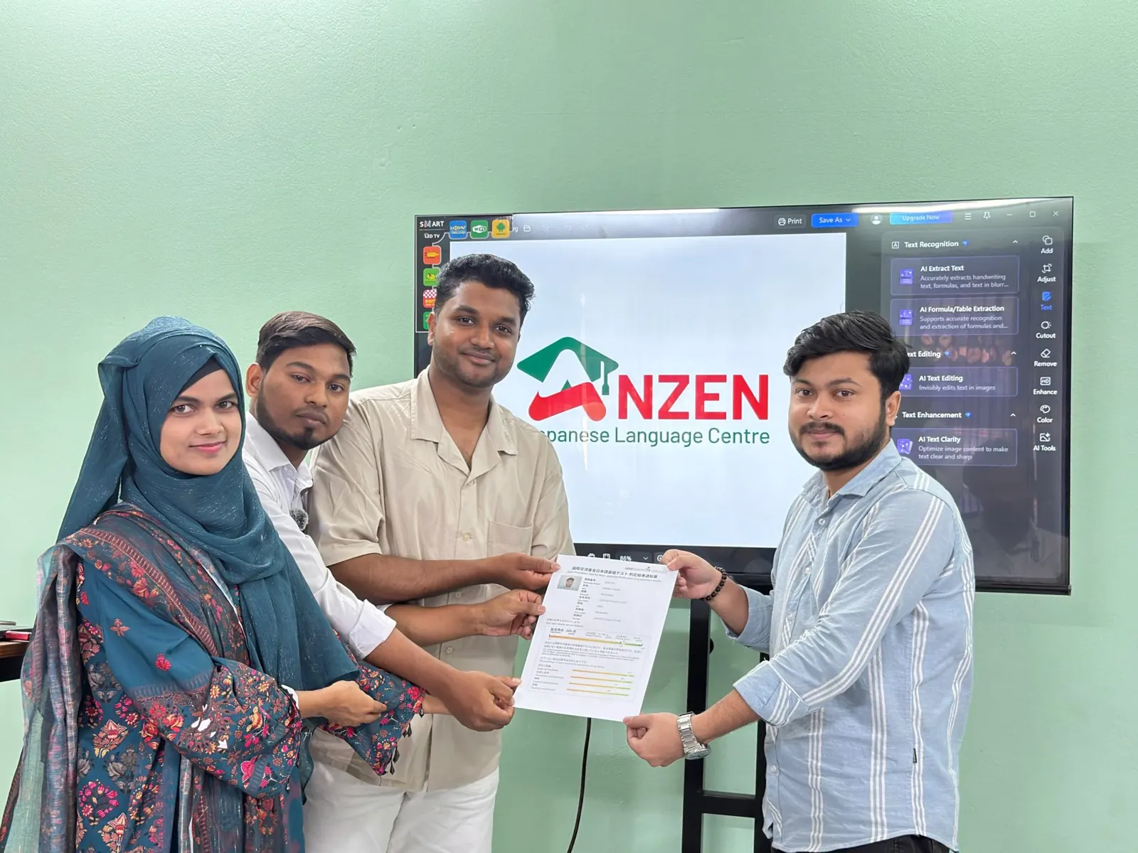 JFT A2 certificate distribution to successful students at Anzen Japanese Language Centre